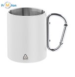 Thermal mug recycled stainless steel, carabiner, logo print, silver