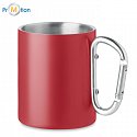 Double-walled metal mug with carabiner 300 ml, red, logo print