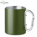Double-walled metal mug with carabiner 300 ml, green, logo print