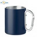 Double-walled metal mug with carabiner 300 ml, blue, logo print