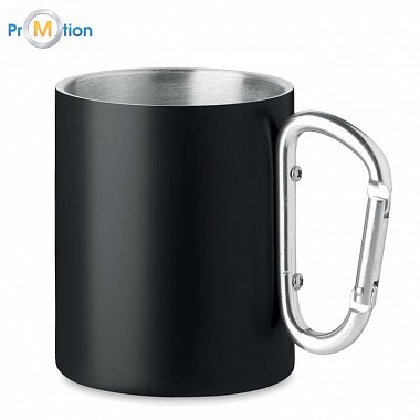 Double-walled metal mug with carabiner 300 ml, black, logo print