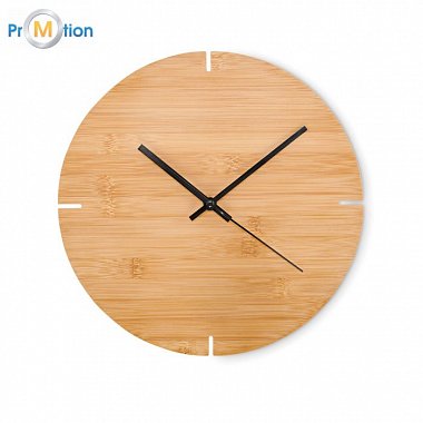 Bamboo wall clock of round shape, logo print