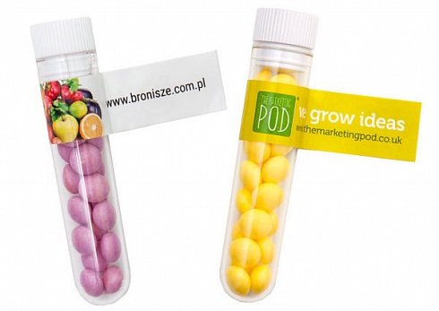 candy in test tube in tube with logo print