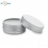 Vegan lip balm in a round tin, white, logo print