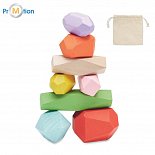 8 stackable wooden stones in a bag, logo print