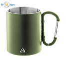 Recycled stainless steel thermos mug, carabiner, logo print, green