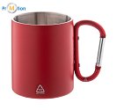 Recycled stainless steel thermal mug, carabiner, logo print, red