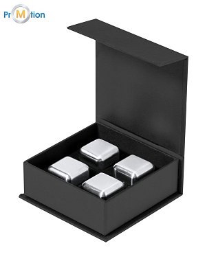 A set of cooling cubes in a box with a printed logo