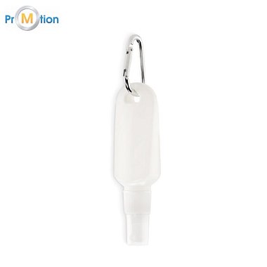 Suntan lotion in spray 30 ml with carabiner for hanging, logo print