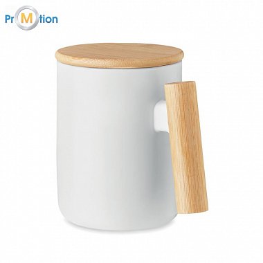 Porcelain white mug with bamboo lid 380 ml, logo print