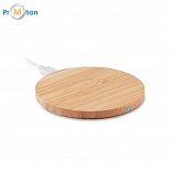 Round wireless charger made of bamboo, logo print