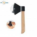 bamboo pizza cutter in the shape of an ax, logo print