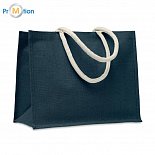 Jutová nákupná/ plážová taška s bavlnenou rúčkou, tmavo modrá, potlač loga
