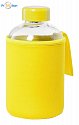 Glass sports bottle 600ml with packaging and logo printing, yellow