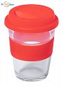 Glass travel mug red with logo print