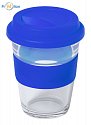 Glass travel mug blue with logo print