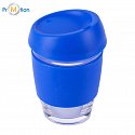 coffee cup made of borosilicate glass, blue with printed logo