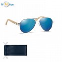 Bamboo sunglasses in a pocket, blue glasses, logo print