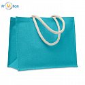 Jute shopping / beach bag with cotton handle, turquoise, logo print