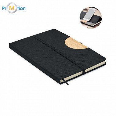 A5 RPET notebook/ pad with mobile phone stand, black, logo print
