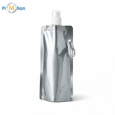 folding silver bottle with carabiner with logo print