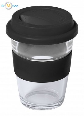 Glass travel mug black with logo print