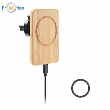 Magnetic wireless charger 15W for the car, logo print, bamboo