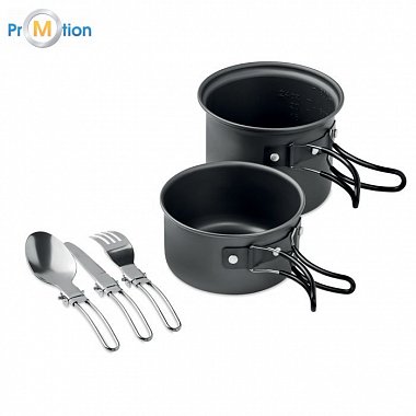2 camping pots with cutlery, laser logos