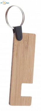Mobile phone stand with keyring made of bamboo with logo printing