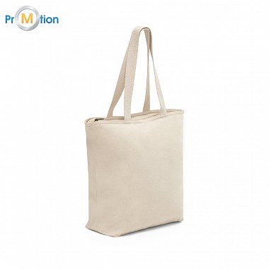 100% cotton shopping bag with zipper, natural color, logo print