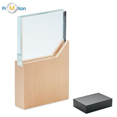Cenová plaketa ze skla a dřeva, potisk loga
