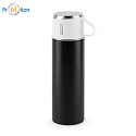 Double-walled stainless steel thermos (90% recycled) with matte finish 490 ml black with cup, logo print