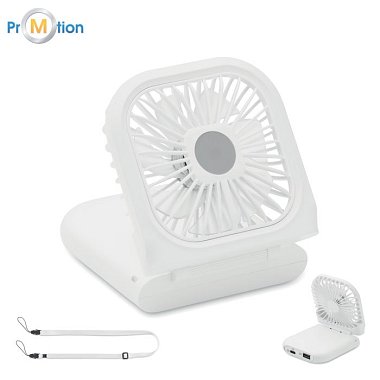 Prenosný skladací alebo stolový  reklamný ventilátor, biely, potlač loga