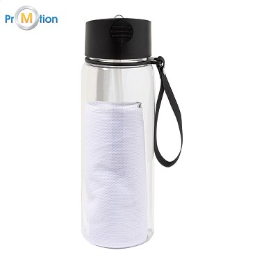 RPET sports bottle with logo-printed towel, white