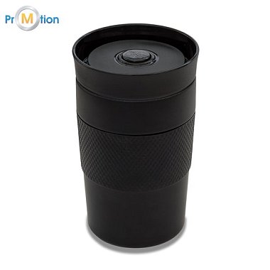 HUSAVIK thermos mug 320 ml, black with logo print