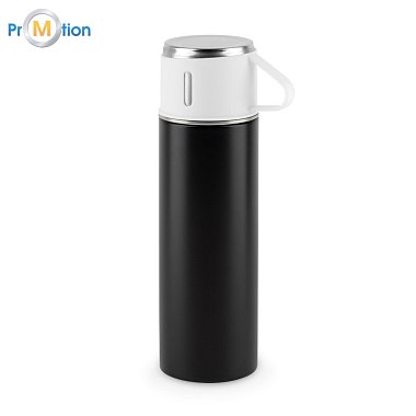 Double-walled stainless steel thermos (90% recycled) with matte finish 490 ml black with cup, logo print