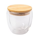 glass cup from double stock with bamboo, logo print