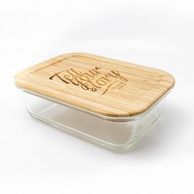 Sklenený box/ krabička  na jedlo s bambusom, potlač loga