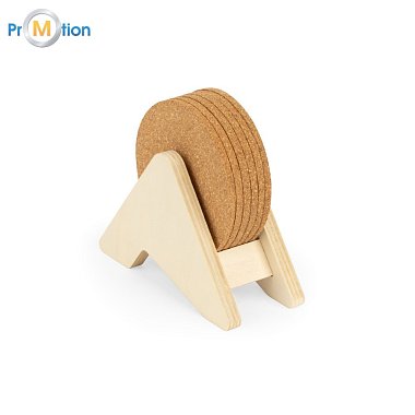 PLYCORK. Stojan z preglejky so 6 korkovými podložkami Natural, potlač loga