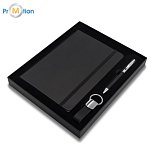 darčeková sada zápisníku, pera a prívesku, čierna s tlačou loga