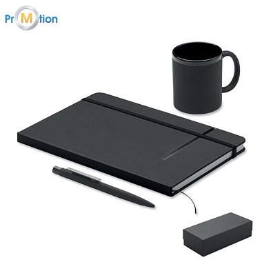 3-piece gift set in a box: mug, notepad and pen, logo print, black