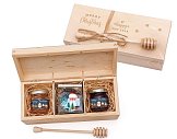 luxusní dárkový set džem, med, čaj, s vlastním tiskem loga, dřevěná krabice