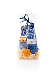 cellophane gift package with honey, tea and blue mead