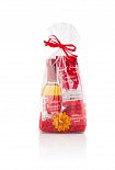 cellophane gift package with honey, tea and red mead