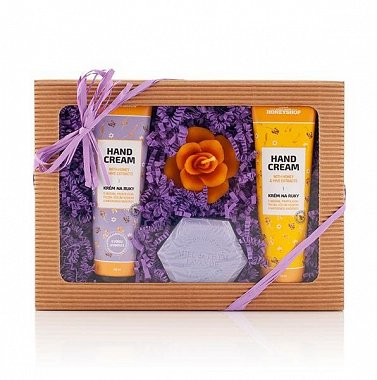 cosmetics on hand made of honey, gift set with printed logos