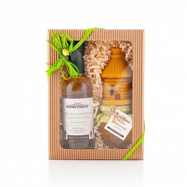 gift set with honey, mead and candle, green, logo print