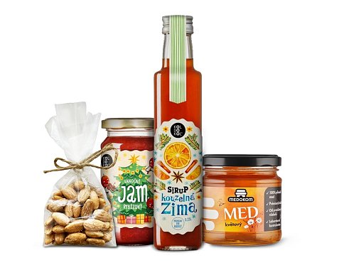 Darčeková sada Kúzelná zima ( med, sirup, džem, mandle) s potlačou loga