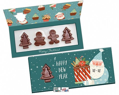 chocolate Christmas figures in a box, logo print