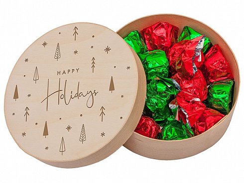 Christmas mix of pralines in a wooden box, laser logo