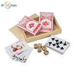 Playing cards in a wooden box with dice, beige 1, logo print